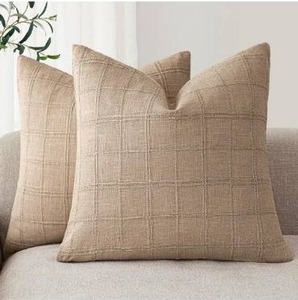 lot 3651 image: Foindtower Set of 2 Decorative Linen Check Throw Pillow Covers Neutral Farmhouse Vintage Cushion Covers Modern Coastal Boho Home Decor for Sofa Chair Couch Bedroom Living Room,18x18 Inch,Camel