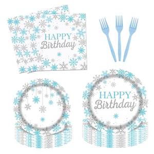lot 3658 image: Fitumiw 96Pcs Winter Snowflake Happy Birthday Party Tableware Supplies Winter Wonderland Plates and Napkins Winter Xmas Birthday Party Set Decorations Serve 24 Guests