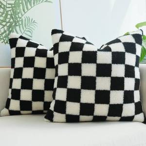 lot 3659 image: JOJUSIS Decorative Throw Pillow Covers Luxury Style Checkerboard Pattern Cushion Case Super Soft Faux Fur Wool Pillowcases for Couch Bedroom Pack of 2 (Black, 20 x 20-Inch)