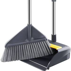 lot 3679 image: Broom and Dustpan Set for Home with 52 Inch Long Angled Handle - Stand Up Dustpan No Warping Metal Edge, Ergonomic Sweeping, 4 Layer Bristles and Hair Cleaning Teeth for Kitchen Office
