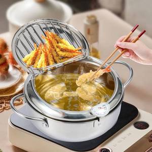 lot 3688 image: 9.76115oz 304 Stainless Steel Deep Fryer Pot,Janpanese Style Tempura Frying Pot with Strainer Basket and Thermometer,Frying Pot with Handle,Deep Frying Oil Container for Frying Fish Shrimp Chicken
