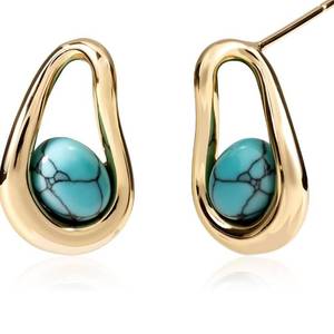 lot 3697 image: 14K Gold Plated Turquoise Stud Earrings Genuine Turquoise in Teardrop Setting, Western Jewelry for Women, Lightweight Birthstone Stud Earrings for Everyday Boho Style