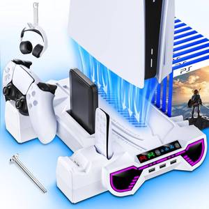 lot 3701 image: PS5SlimPro Cooling Station and Controller Charging Station with LED Stand for PlayStation 5 Console - PS5 Controller Charger, Cooling Stand Accessory Kit-Cooler FanHeadset Holder3 USB Hub, White