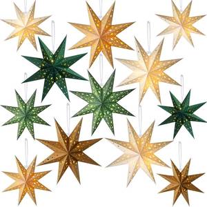 lot 3704 image: Cinnvoice 12 Pcs Christmas Paper Star Lantern 789 Points Sage Green Hanging Ornament 3D Neutral Star Lantern with String Light 12 and 17.72 Inch Hollow Lampshade for Xmas Party Decor(8 Pointed)