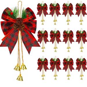 lot 3705 image: Yuxung 12 Pcs Christmas Buffalo Plaid Bows with Pine Cones Bell Christmas Wreaths and Tree Toppers - Red and Black