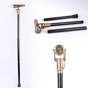 lot 3718 image: Telescope Walking Stick Compass on Handle Top Costume Wooden Cane Foldable Wooden Stick Steampunk Style (Brass Antique)