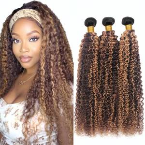 lot 3751 image: LOIUMGUU T1BP427 Highlight Ombre Honey Blonde Kinky Curly Bundles Mixed Brown Bundles Human Hair 12 14 16 Inch Brazilian Virgin Human Hair Extensions for Woman