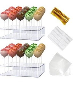 lot 3754 image: 2 Pack Cake Pop Stand with Sticks Kit, Acrylic Lollipop Hold Stand, Clear Cake Pop Display Holder, 15 Holes Candy Pop Holder with 100 Pcs Sticks, 100 Pcs Clear Wrappers, 100 Pcs Gold Twist Ties