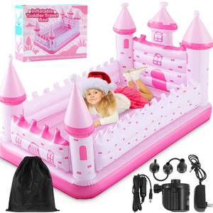 lot 3757 image: Relaxgiant Pink Castle Inflatable Kids Bed, Toddler Travel Bed with Safety Bumper and Air Mattress Portable Air Mattress with Pump for Vacation Hotel Home Sleepover Kids Gift for Birthday Christmas