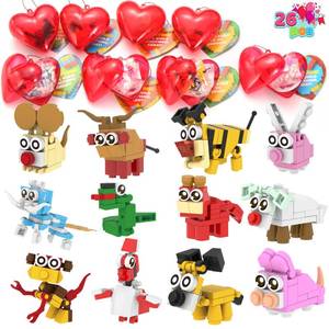 lot 3771 image: JOYIN 26 Packs Valentines Day Cards with Building Blocks, Prefilled Hearts with Cards Filled with Animal Building Blocks for Valentine Party Favor, Classroom Prize Supply