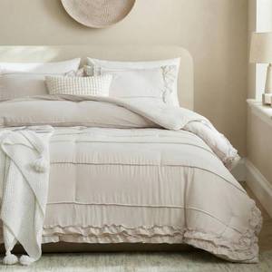 lot 3817 image: Beige Comforter Set King Pinch Pleat Bedding Set 3 Pcs Bed Set Farmhouse Home Decor Boho Down Comforter Extra Softness Washed Microfiber Shabby Chic Quilt Set