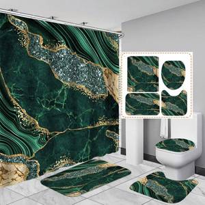 lot 3828 image: EMHOME 4PCS Marble Shower Curtain Sets, Modern Bathroom Sets With Toilet Lid Rug, Contour and Bath Mat, Luxury Bathroom Decor with 12 Hooks, 72 x 72 Inch, Green