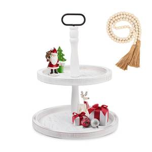 lot 3843 image: Tiered Tray Stand, Rustic Wooden 2 Tiered Tray, Distressed Wood 2-Tier Tray with Metal Handle, Serving Tier Tray, Food Fruits Cupcake Display Coffee Bar Home Party Seasonal Decorations