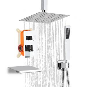 lot 3848 image: RTOBWEYE 8 Inch Shower Faucet Set, Ceiling Mounted Rainfall Shower System with High Pressure Handheld Shower Head, Bathroom Mixer Rough-in Valve and Trim Shower Kit, Polished Chrome, with Tub Spout