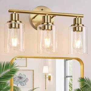 lot 3849 image: 3-Light Gold Bathroom Light Fixtures, Modern Bathroom Vanity Light with Clear Glass Shade, Brushed Gold Bath Wall Mount Lights, Wall Lamp for Mirror Kitchen Bedroom Hallway Living Room Hallway
