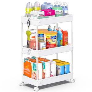 lot 3850 image: SPACEKEEPER Storage Rolling Cart, 3 Tier Laundry Room Organization Utility Cart Bathroom Organizer Mobile Shelving Unit Shelves Multi-Functional Trolley, White