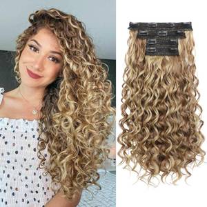lot 3868 image: REECHO Curly Hair Extensions, 4PCS 20 inch Clip in Hair Extensions Lace Weft Short Curly Extensions Clip Ins Invisible Natural Hairpieces for Women, Light Brown with Blonde Highlights