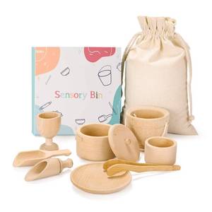 lot 3873 image: MONT PLEASANT Montessori Toys Sensory Bin Toys for Toddlers Set of 9 Wooden Waldorf Toys Wooden Scoops and Tongs for Transfer Work and Fine Motor Skills Development