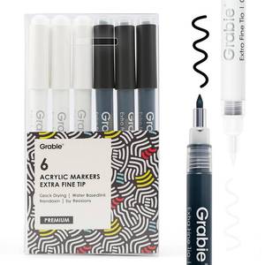 lot 3903 image: Grabie Black & White Extra Fine Tip Acrylic Paint Marker Set, 6 Pack, 0.7mm Acrylic Paint Pens for Highlights and Fine Details on Drawings, Rock Painting Glass Canvas Wood, White Highlight Markers
