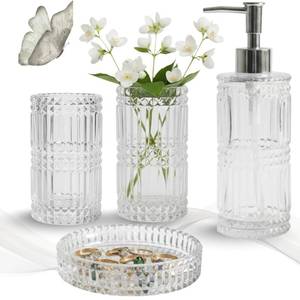 lot 3930 image: Escenzy Clear Glass Bathroom Accessories Set 4 Pcs  Premium Liquid Soap Dispenser and Toothbrush Holder Set, Qtip Holder, Soap Tray  Bathroom Countertop Organizer  Modern Bathroom Accessory Sets