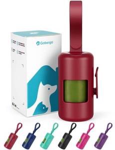 lot 3937 image: Gobeigo Dog Poop Bag Holder Convenient Hook for Used Bags Silicone Strap Fits Any Leash Large Opening for Easy Dispensing with 1 Roll Waste Bags (Red)
