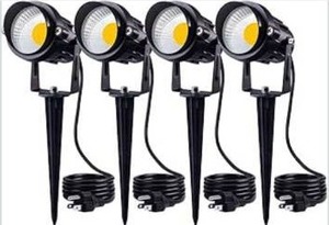 lot 3940 image: SUNVIE 120V Spot Lights Outdoor LED Landscape Lighting 12W AC Spotlights for Yard Waterproof Landscape Spotlight with Spiked Stake for Tree Garden Pathway Warm White Flag Lights US 3-Plug in, 4 Pack