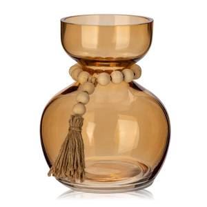 lot 3949 image: Hollyone Amber Glass Vases Bud Vase for Flowers Vintage Modern Short Vases with Wooden Beads Small Glass Vase for Centerpieces Home Table Shelf Living Room Wedding Decorations
