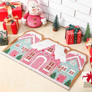 lot 3975 image: Tinideya Pink Christmas Gingerbread House Doormat 27.6 x 15.7 Inch Pastel Candyland Christmas Welcome Door Mat Cute Gingerbread Artificial Coir Non Slip Entrance Rugs for Indoor Outdoor Kitchen Decor