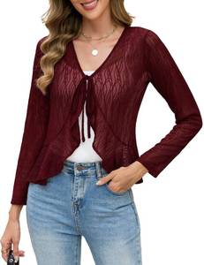 lot 3979 image: Wedtrend Shurgs for Women Dresses Bolero Shrug Elegant Tie Front Formal Cardigan Sheer Bolero Formal Ruffle Hem Burgundy Cardigan for Women WTPJ002BurgundyM