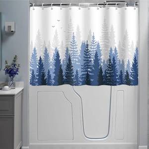 lot 3983 image: Ruelvth Short Shower Curtain, Waterproof Navy Blue and Gray Forest Bathroom Curtain with Hooks for Walkin Tub or Step in Tub, 72x48 inch