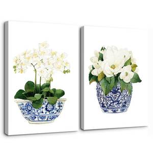 lot 1300 image: LUHDFYS White Orchid & Magnolia Watercolor Art Canvas Blue And White Chinoiserie Wall Art Print Oriental Vase Blue White Willow Style Porcelain Flower Jar Picture Poster Decor Wrapped Canvas - Retail $36