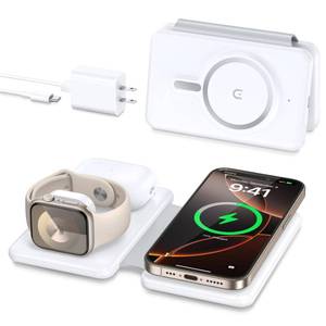 lot 1306 image: Magnetic Wireless Charger for iPhone 3 in 1 Travel Charging Station for Apple Devices for iPhone 17 Air 16 15 14 13 12 Pro Max Plus - Foldable Charging Pad for Apple Watch Series & Airpods 4 3 2 Pro - Retail $17