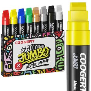 lot 1331 image: Coogert 8 Vibrant Colors Jumbo Poster Markers, 15MM Thick Permanent Acrylic Graffiti Markers, Wide Tip Paint Marker for Canvas, Posters Board, Fabric, Window, Wood, Teachers,Banner painting supplies - Retail $17
