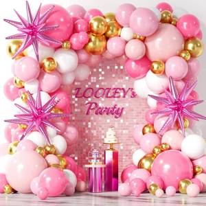 lot 1333 image: 137Pcs Pink and Gold Balloons Garland Arch Kit with Stars - 5 10 12 18 inch Light Pink White Gold Latex Balloons for Birthday Baby Shower Bridal Shower Wedding Valentine��s Party Decorations - Retail $10