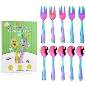 lot 1347 image: VITEVER 10 Pack Toddler Utensils, Stainless Steel Rainbow Silverware Set for Kids, Children Safe Cutlery Set Includes Forks and Spoons - Dishwasher Safe - Retail $9