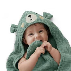 lot 1348 image: Blissful Diary Muslin Baby Hooded Towel, Soft and Absorbent Bath Towel for Newborn, Infant, Toddler, Unisex, 32��x32�� - Smart Bear - Retail $15