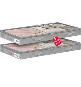 lot 1366 image: 3 Inch Low Profile Under Bed Storage Bins with NO STURCTURE Design, Shallow Clothes Storage Bags with Clear Lids & Waterproof Fabric - Fits Under Sofa, Couch, Dorm, or College Beds��40x20x3inch��Grey - Retail $20