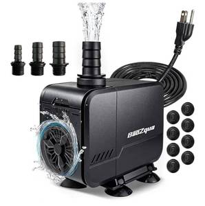 lot 1385 image: 320GPH (1200LH, 15W) Submersible Water Pump, Quiet & Energy-Efficient Fountain Pump, for Aquarium, Fish Tank, Pond, Fountain, Waterfall, Hydroponics, with 3 Nozzles and 6.6ft Power Cord - Retail $0