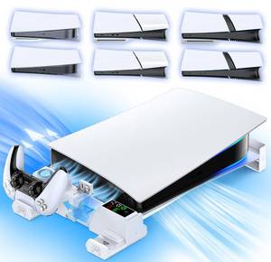 lot 1393 image: PS5SlimPro Horizontal Stand with Cooling Fan & Charger for Original & Edge Controllers, Scalable Design PS5 Accessories Base with EVA Foams for All PS 5 Disc & Digital, PS 5 Sideways Stand White - Retail $32