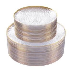 lot 1400 image: Rubtlamp 60Pcs Clear Plastic Plates,Clear Disposable Plates With Gold Rim,Heavy-duty Gold Plates,Hammered Party Plates Include 30Clear Dessert-Platos,30Dinner-Platos for Wedding, Party - Retail $32