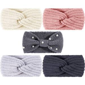 lot 1407 image: Whaline 5 Pieces Winter Knit Headbands Chunky Knit Headbands,4 Elastic Turban Head Wraps and 1 Pearl Crochet Hair Band, Ear Warmer Crochet Head Wraps for Women Girls (Pink & Gray Colors) - Retail $9