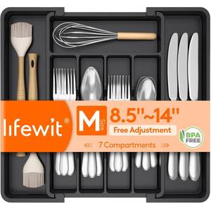 lot 1410 image: Lifewit Silverware Drawer Organizer, Expandable Utensil Tray for Kitchen, BPA Free Flatware and Cutlery Holder, Adjustable Plastic Storage for Spoons Forks Knives, 8.5-14 x 12, Black - Retail $6
