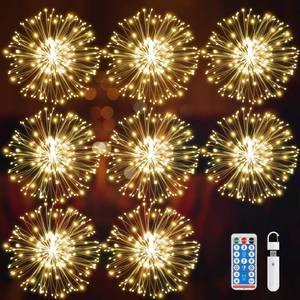lot 1452 image: Besight Firework Lights USB Hanging Sphere Lights 8 Pack, Copper Wire Fireworks Light for Chiristmas, Rechargeable LED Star String Lights Fairy Lights with Remote for Wedding Party Garden Decoration - Retail $50