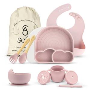lot 1464 image: SofiAl All In One Silicone Feeding Set - Safe for 6-12 Months - Non-Toxic Baby Led Weaning Supplies - Toddler Self Feeding Utensils - BPA-Free - Mess Free Essentials - Retail $25