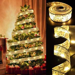 lot 1472 image: Christmas Tree Decorations Ribbon Lights, 32ft 100 LED String Lights, Battery-Powered Copper Wire Christmas Tree Ribbon Lights for Holiday Party Weddings Indoor Christmas Tree Decorations (Gold) - Retail $10
