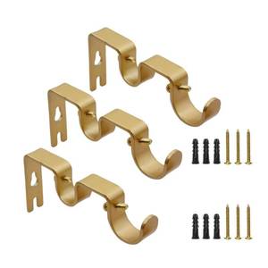 lot 1485 image: Double Curtain Rod Bracket - 3pack Gold Adjustable Double Hanging Brackets for Window & Wall, Curtain Rod Hooks Compatible with 1 Inch & 58 Inch Rods, Iron Gold Finish - Retail $10