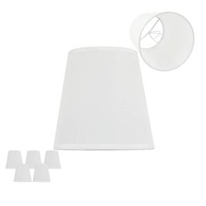 lot 1494 image: 5 Pack White Chandelier Shades, 4 Top x 6 Bottom x 6 High Barrel Lamp Shade, 4.0x6.0x6.0 Inch Linen Fabric, Perfect Fit for 5-Light Pendant Light Wall Sconce, Clip On Bulb E12 Socket(Large Size) - Retail $40