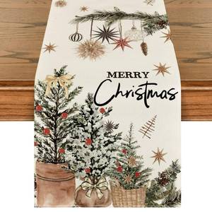 lot 1519 image: Artoid Mode Xmas Trees Holly Pine Cone Merry Christmas Table Runner, Seasonal Winter Kitchen Dining Table Decoration for Home Party Decor 13x72 Inch - Retail $10