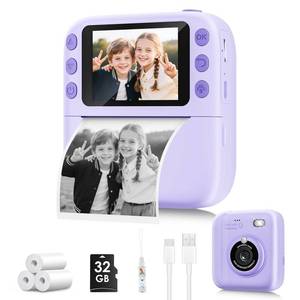 lot 1520 image: CAMERA ONLY MISSING ACCESSORIES Instant Print Camera for Kids, Christmas Birthday Gifts for Girls Boys, 1080P Instant Digital Print Cameras for Toddler,Portable Toy for 4 5 6 7 8 9 10 Year Old Girl with 32GB SD Card��Purple - Retail $24