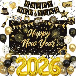 lot 1525 image: New Years Eve Party Supplies 2026, 78Pcs Happy New Year Nye Party Decorations Includes Black and Gold Backdrop,Happy New Year Banner,2026 Foil Balloons,Hanging Swirls,Blowouts,Printed Balloons - Retail $7
